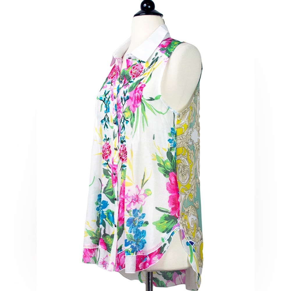 Aratta Botanical Sleeveless Button Front Collared Shirt in White Bright Floral - Picture 2 of 4